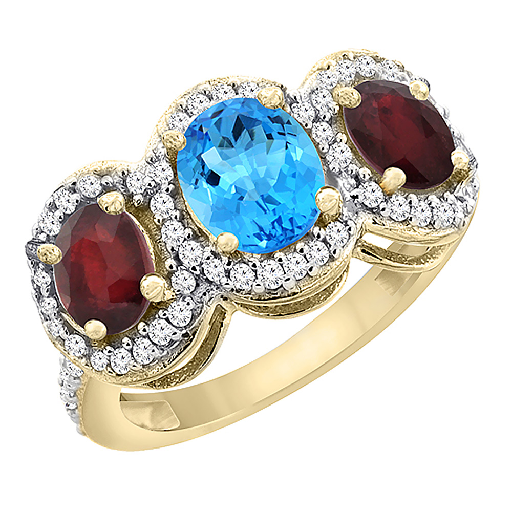 14K Yellow Gold Natural Swiss Blue Topaz &amp; Enhanced Ruby 3-Stone Ring Oval Diamond Accent, sizes 5 - 10