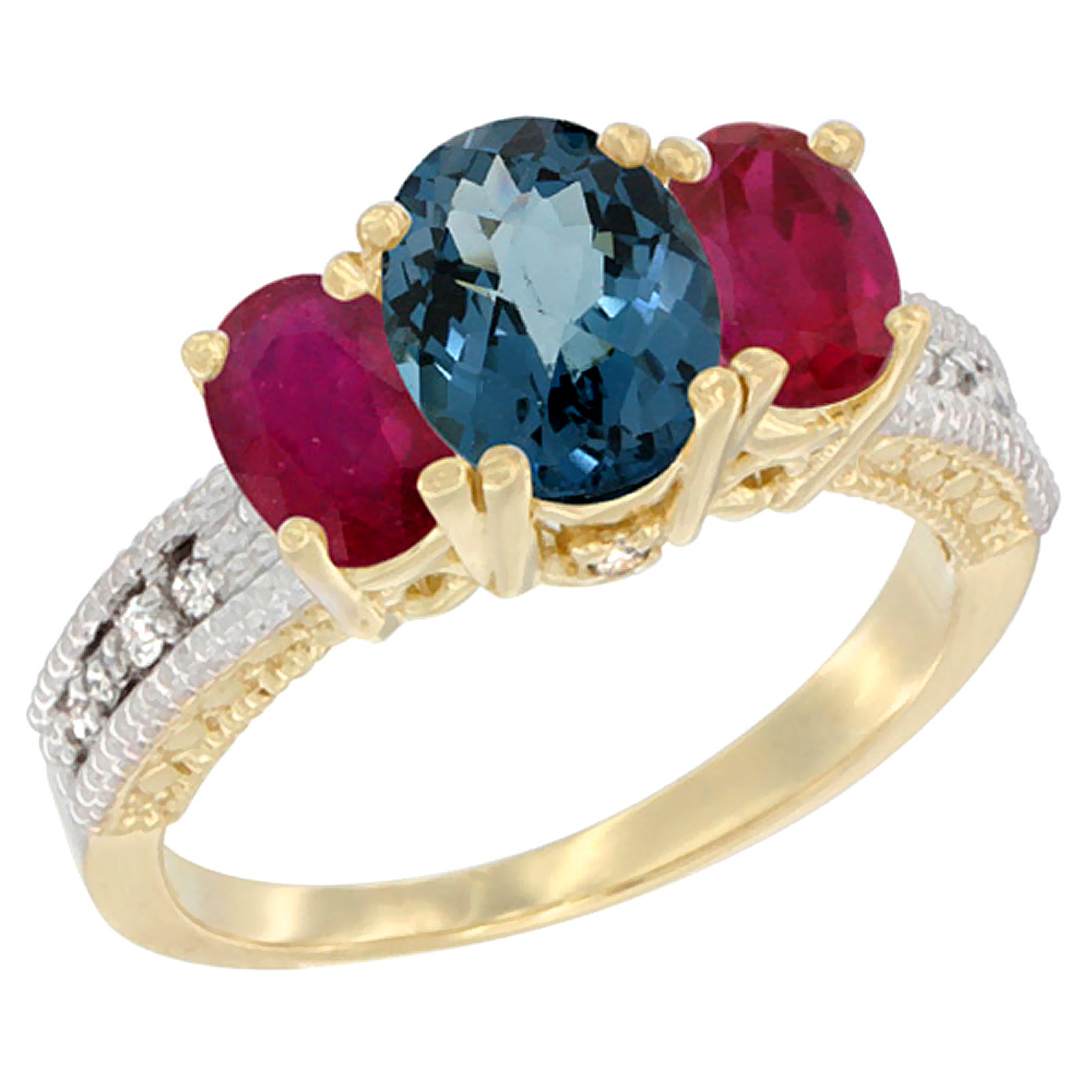 10K Yellow Gold Diamond Natural London Blue Topaz Ring Oval 3-stone with Enhanced Ruby, sizes 5 - 10