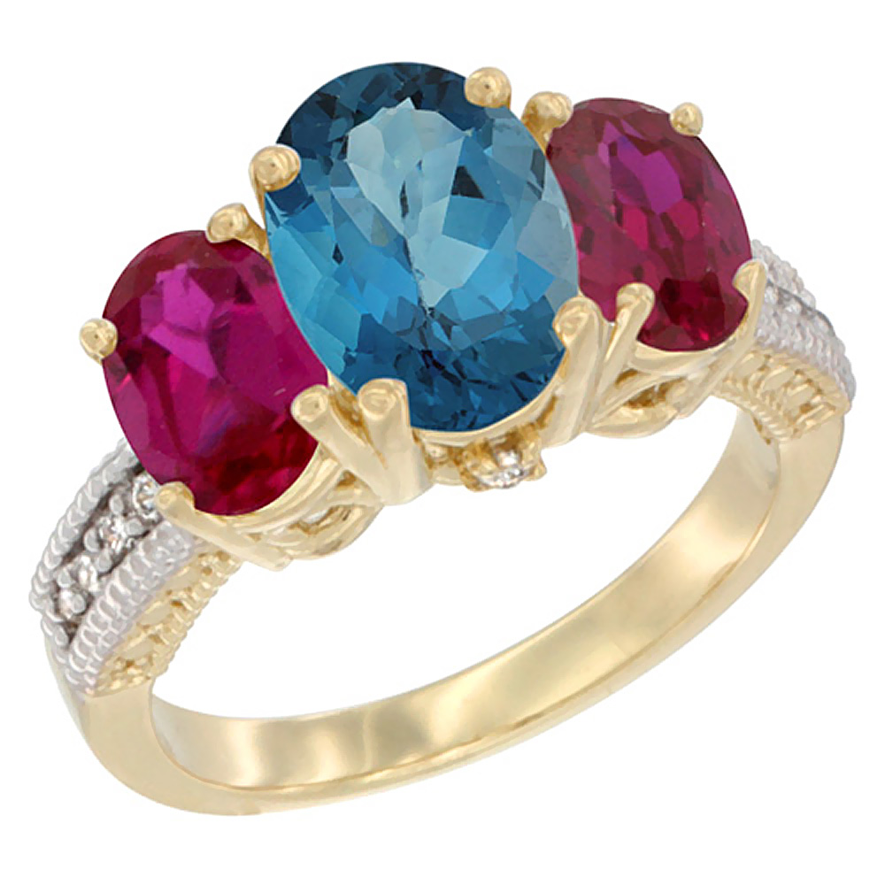 10K Yellow Gold Diamond Natural London Blue Topaz Ring 3-Stone Oval 8x6mm with Ruby, sizes5-10
