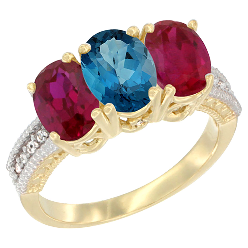14K Yellow Gold Natural London Blue Topaz & Enhanced Ruby Sides Ring 3-Stone Oval 7x5 mm Diamond Accent, sizes 5 - 10