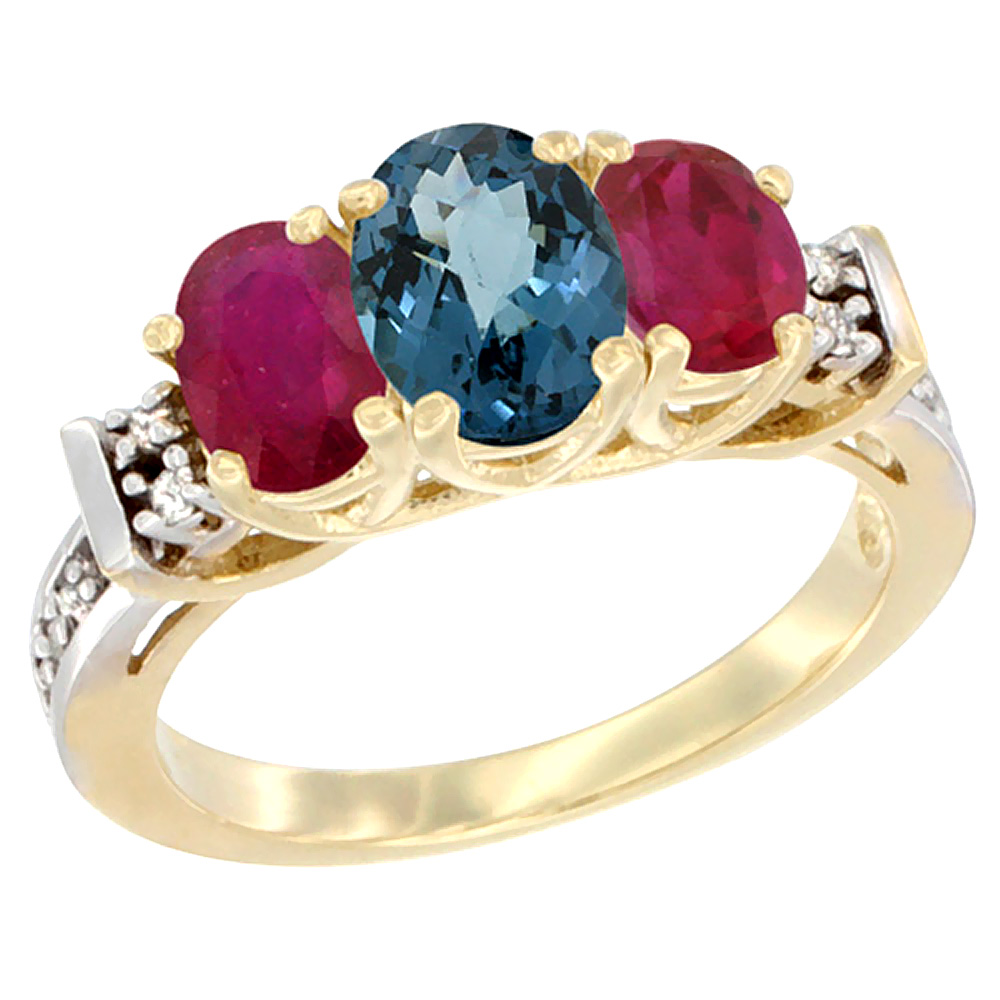 14K Yellow Gold Natural London Blue Topaz & Enhanced Ruby Ring 3-Stone Oval Diamond Accent