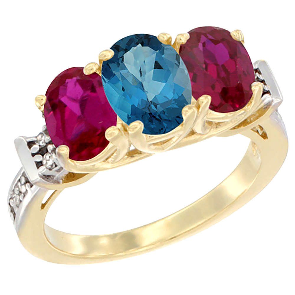 14K Yellow Gold Natural London Blue Topaz &amp; Enhanced Ruby Sides Ring 3-Stone Oval Diamond Accent, sizes 5 - 10