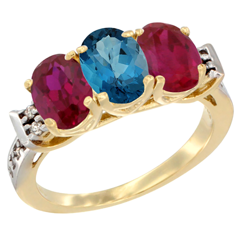14K Yellow Gold Natural London Blue Topaz &amp; Enhanced Ruby Sides Ring 3-Stone Oval 7x5 mm Diamond Accent, sizes 5 - 10