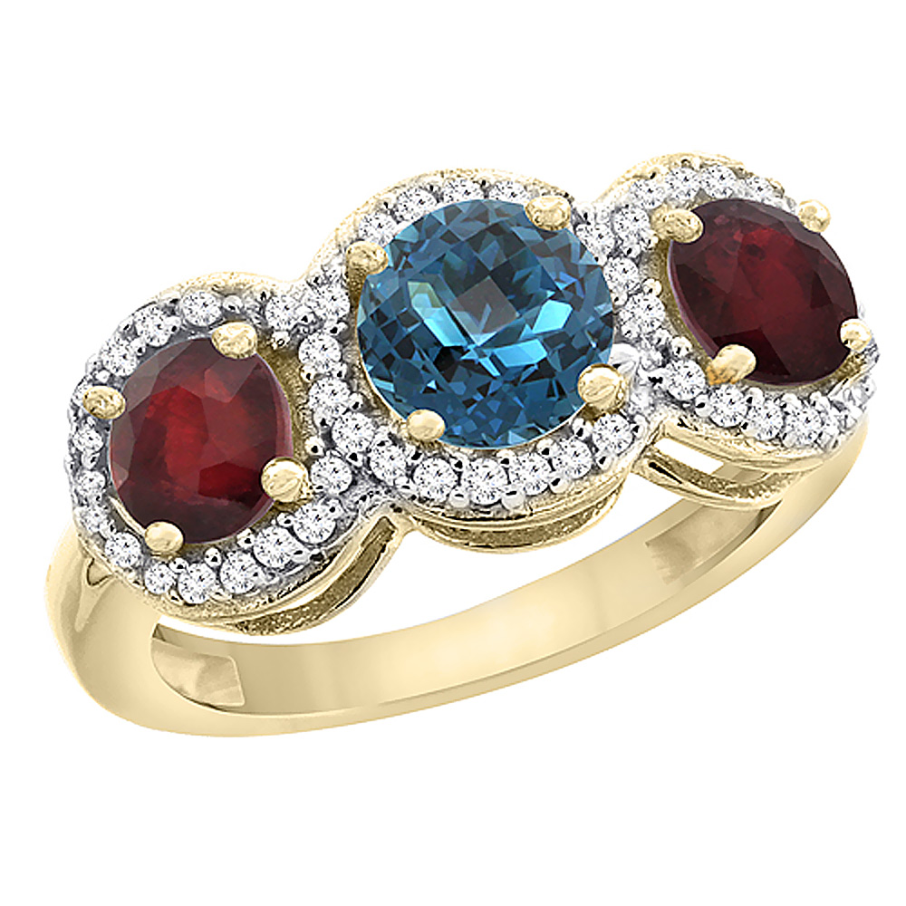 10K Yellow Gold Natural London Blue Topaz &amp; Enhanced Ruby Sides Round 3-stone Ring Diamond Accents, sizes 5 - 10