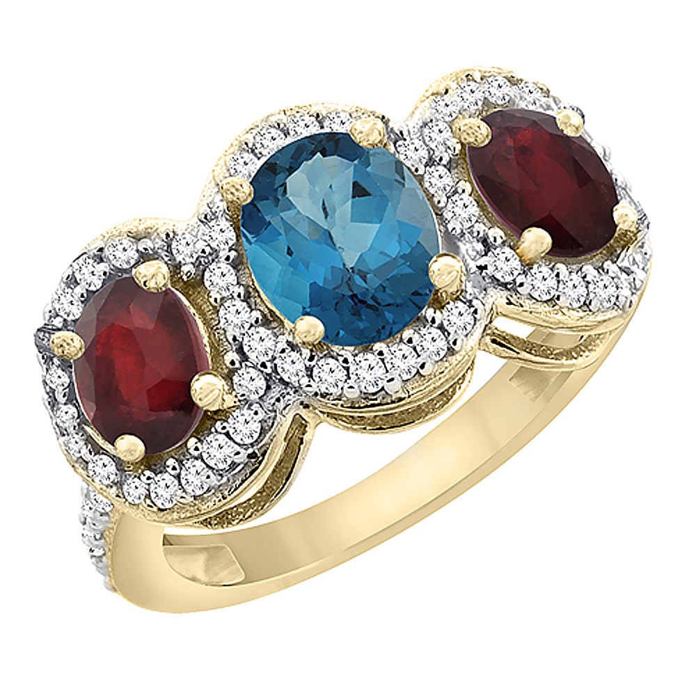 10K Yellow Gold Natural London Blue Topaz & Enhanced Ruby 3-Stone Ring Oval Diamond Accent, sizes 5 - 10
