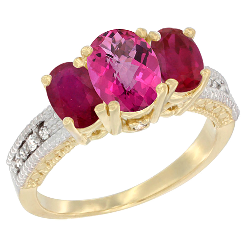 14K Yellow Gold Diamond Natural Pink Topaz Ring Oval 3-stone with Enhanced Ruby, sizes 5 - 10