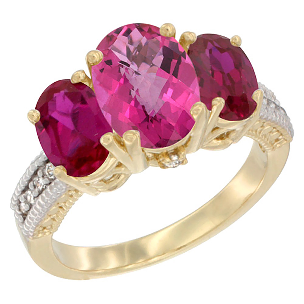 10K Yellow Gold Diamond Natural Pink Topaz Ring 3-Stone Oval 8x6mm with Ruby, sizes5-10