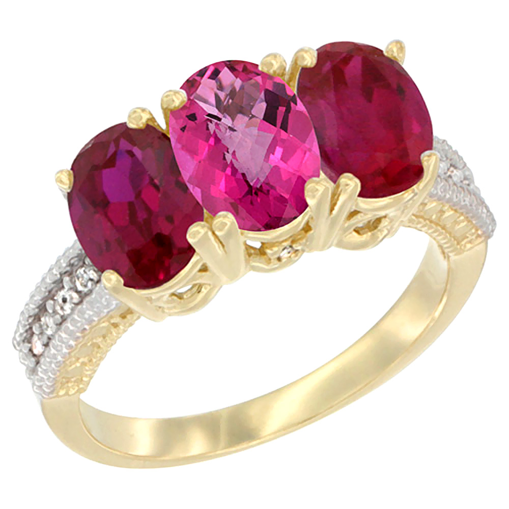 10K Yellow Gold Natural Pink Topaz &amp; Enhanced Ruby Ring 3-Stone Oval 7x5 mm, sizes 5 - 10