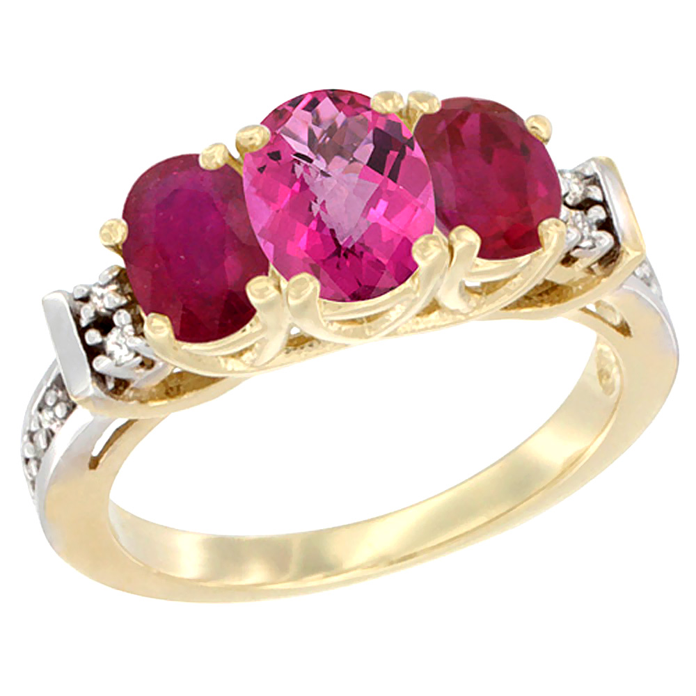 14K Yellow Gold Natural Pink Topaz & Enhanced Ruby Ring 3-Stone Oval Diamond Accent