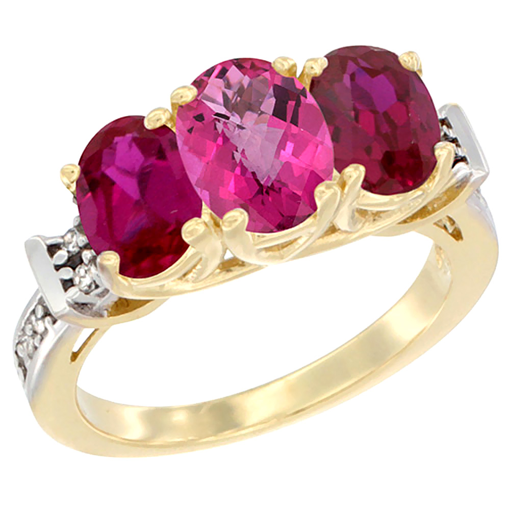 14K Yellow Gold Natural Pink Topaz &amp; Enhanced Ruby Sides Ring 3-Stone Oval Diamond Accent, sizes 5 - 10