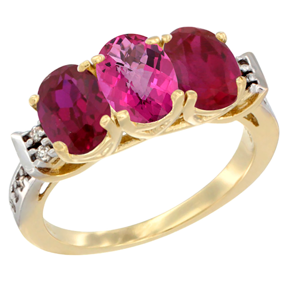 14K Yellow Gold Natural Pink Topaz &amp; Enhanced Ruby Sides Ring 3-Stone Oval 7x5 mm Diamond Accent, sizes 5 - 10