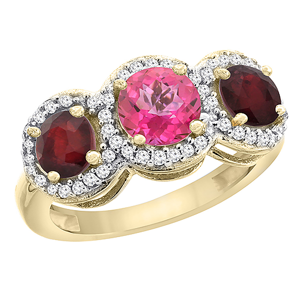 14K Yellow Gold Natural Pink Topaz &amp; Enhanced Ruby Sides Round 3-stone Ring Diamond Accents, sizes 5 - 10