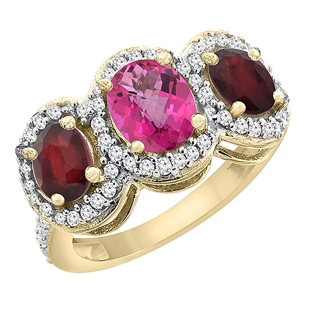 14K Yellow Gold Natural Pink Sapphire &amp; Enhanced Ruby 3-Stone Ring Oval Diamond Accent, sizes 5 - 10