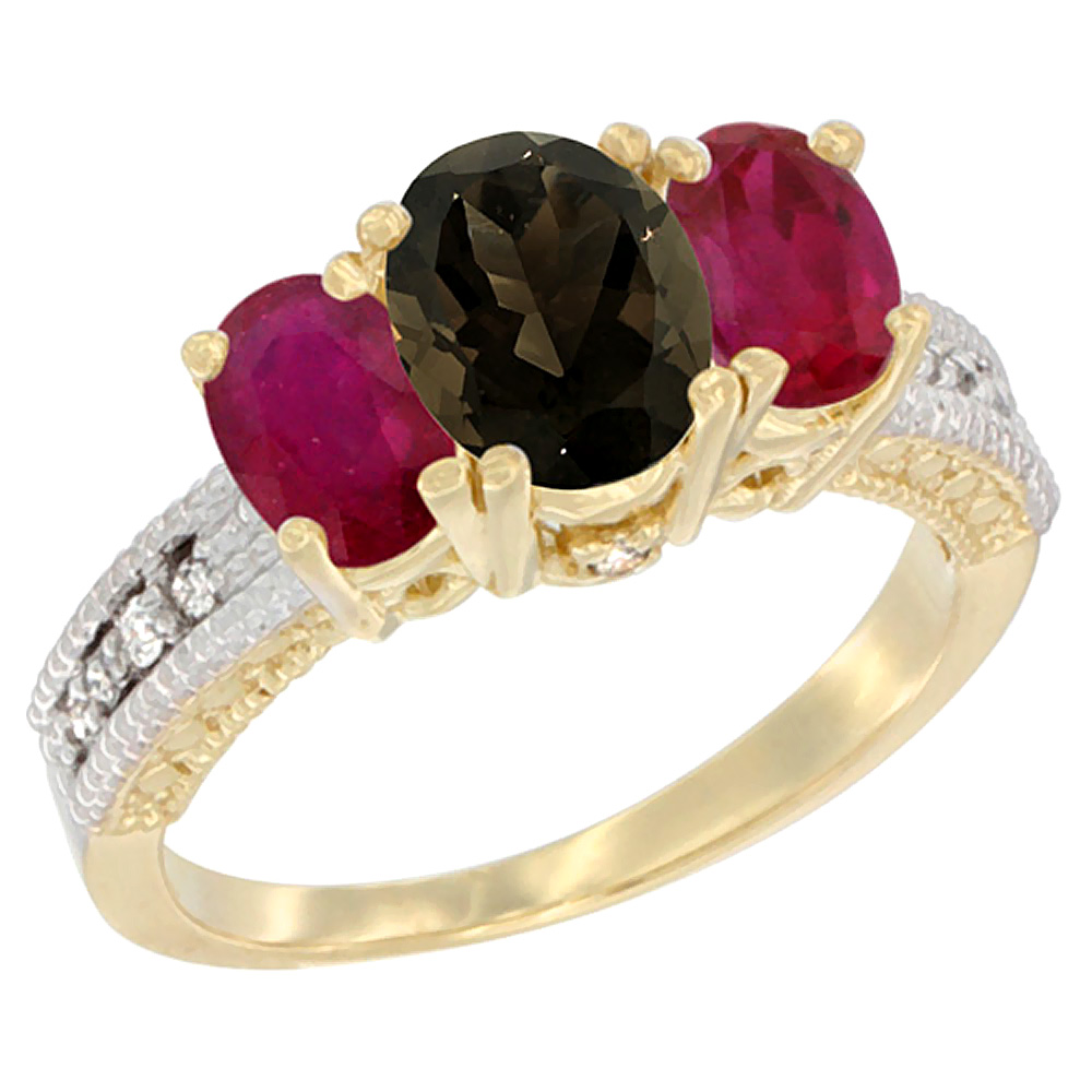 10K Yellow Gold Diamond Natural Smoky Topaz Ring Oval 3-stone with Enhanced Ruby, sizes 5 - 10