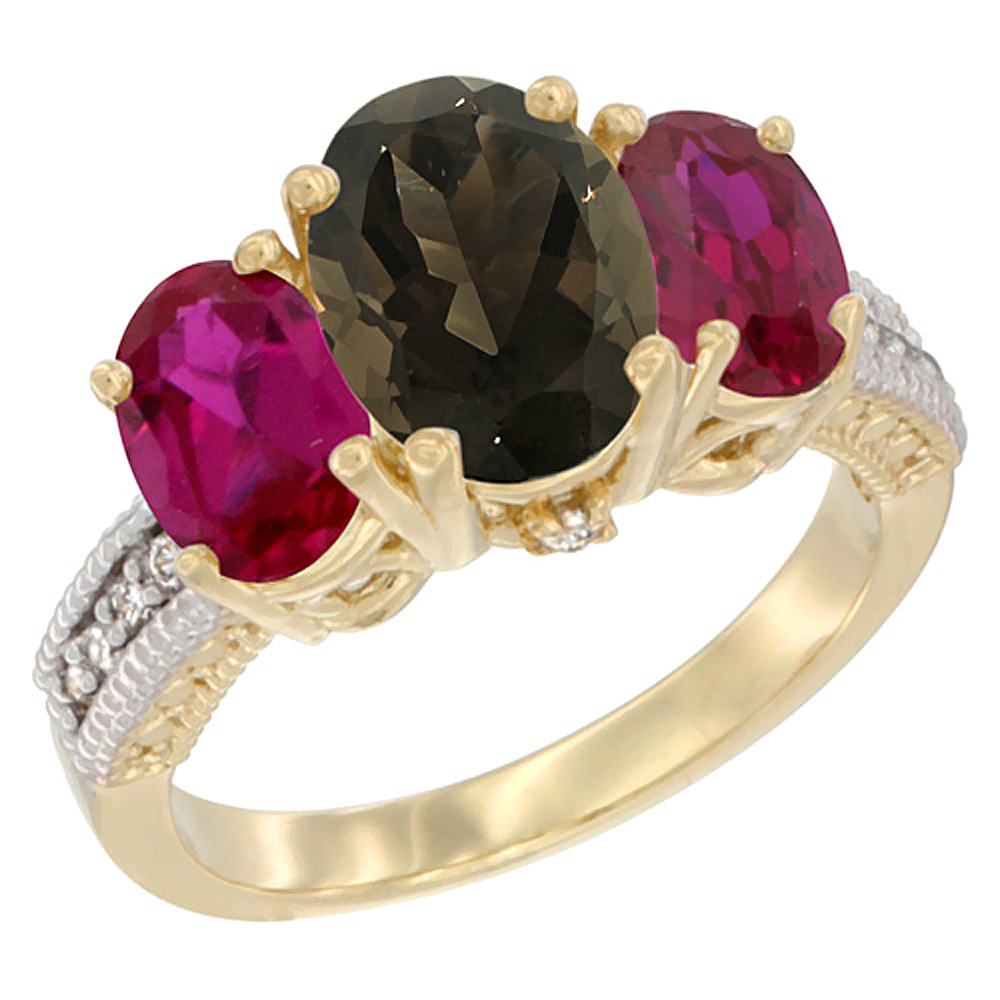 10K Yellow Gold Diamond Natural Smoky Topaz Ring 3-Stone Oval 8x6mm with Ruby, sizes5-10