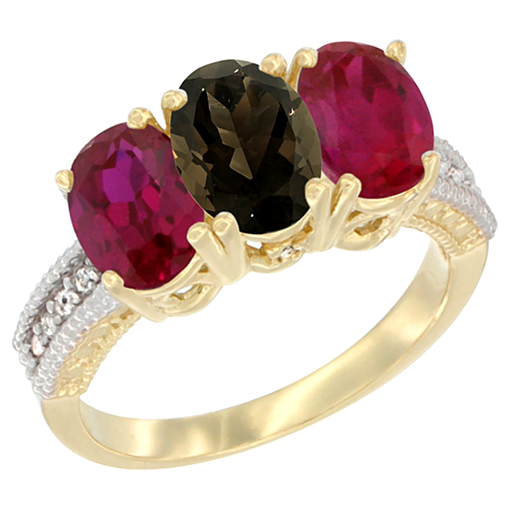 14K Yellow Gold Natural Smoky Topaz & Enhanced Ruby Sides Ring 3-Stone Oval 7x5 mm Diamond Accent, sizes 5 - 10