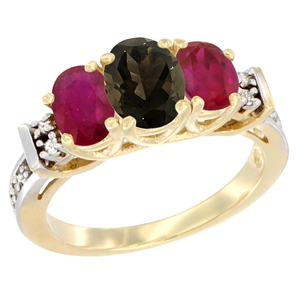 10K Yellow Gold Natural Smoky Topaz &amp; Enhanced Ruby Ring 3-Stone Oval Diamond Accent