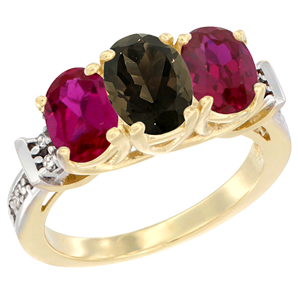 10K Yellow Gold Natural Smoky Topaz &amp; Enhanced Ruby Sides Ring 3-Stone Oval Diamond Accent, sizes 5 - 10