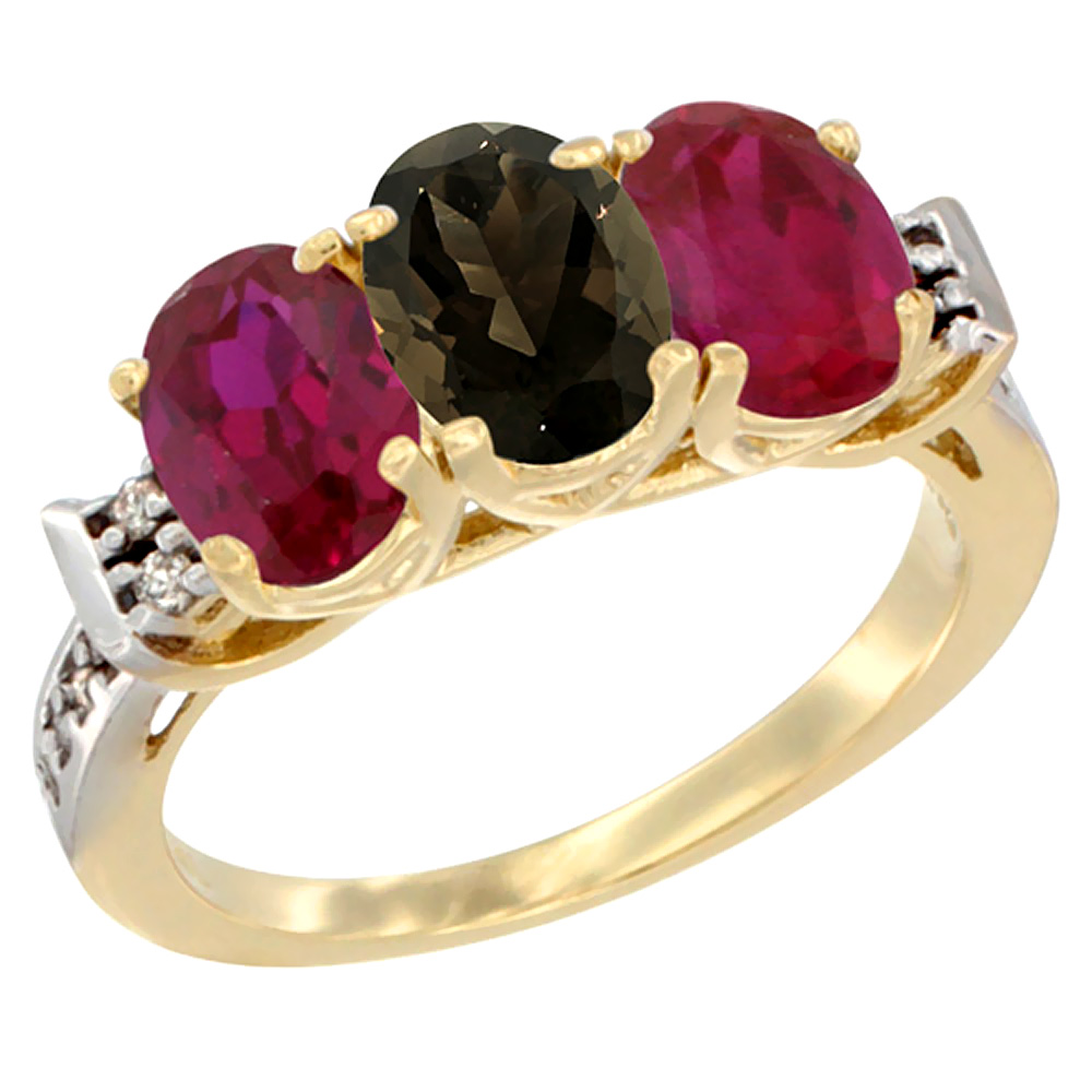 10K Yellow Gold Natural Smoky Topaz & Enhanced Ruby Sides Ring 3-Stone Oval 7x5 mm Diamond Accent, sizes 5 - 10