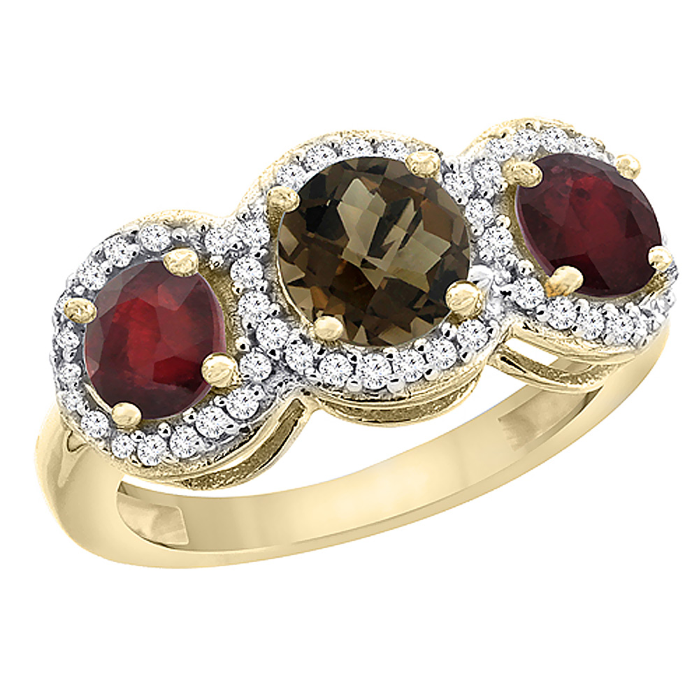 14K Yellow Gold Natural Smoky Topaz &amp; Enhanced Ruby Sides Round 3-stone Ring Diamond Accents, sizes 5 - 10