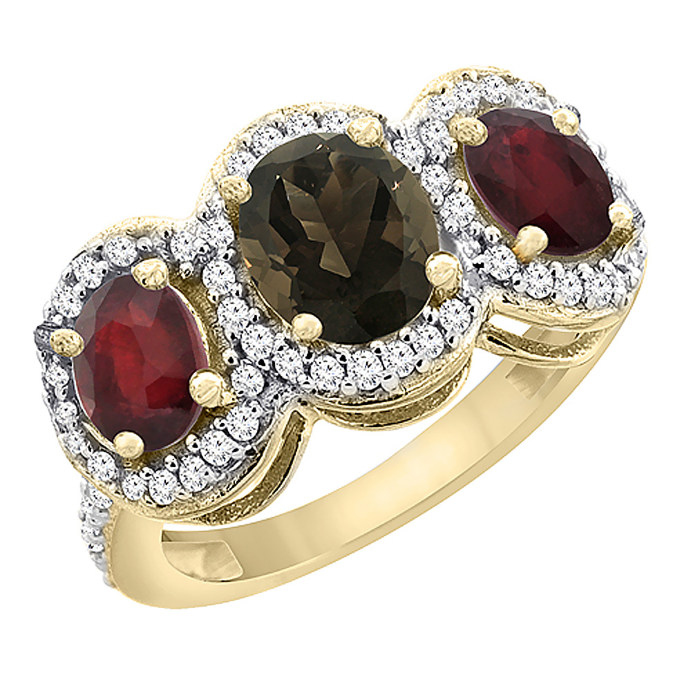 14K Yellow Gold Natural Smoky Topaz & Enhanced Ruby 3-Stone Ring Oval Diamond Accent, sizes 5 - 10