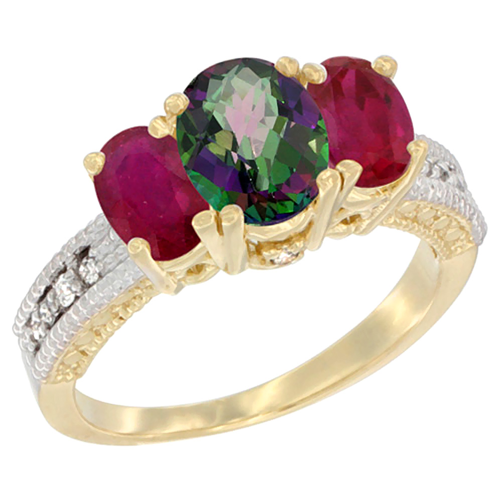 14K Yellow Gold Diamond Natural Mystic Topaz Ring Oval 3-stone with Enhanced Ruby, sizes 5 - 10