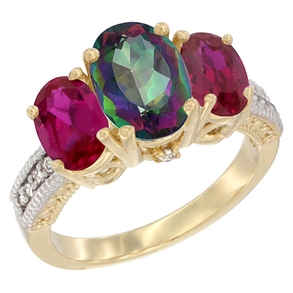 14K Yellow Gold Diamond Natural Mystic Topaz Ring 3-Stone Oval 8x6mm with Ruby, sizes5-10