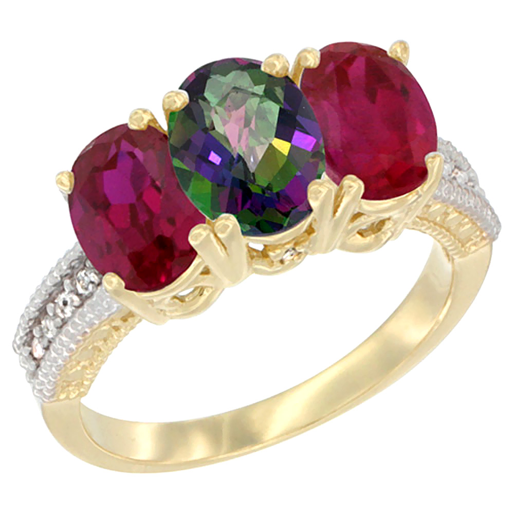 10K Yellow Gold Natural Mystic Topaz &amp; Enhanced Ruby Ring 3-Stone Oval 7x5 mm, sizes 5 - 10