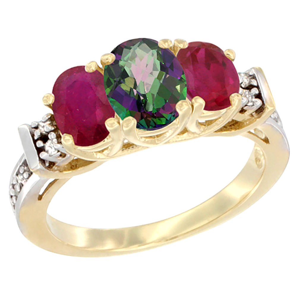 14K Yellow Gold Natural Mystic Topaz & Enhanced Ruby Ring 3-Stone Oval Diamond Accent