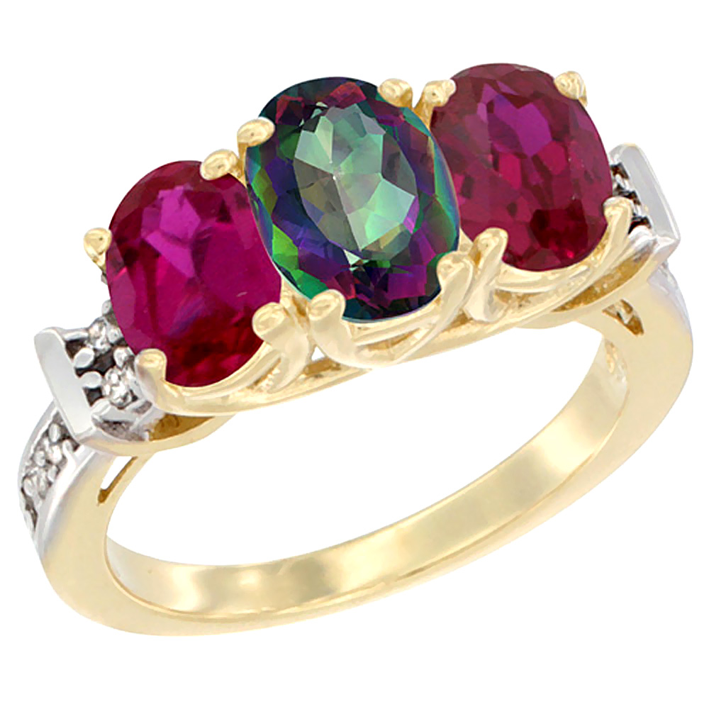 14K Yellow Gold Natural Mystic Topaz &amp; Enhanced Ruby Sides Ring 3-Stone Oval Diamond Accent, sizes 5 - 10