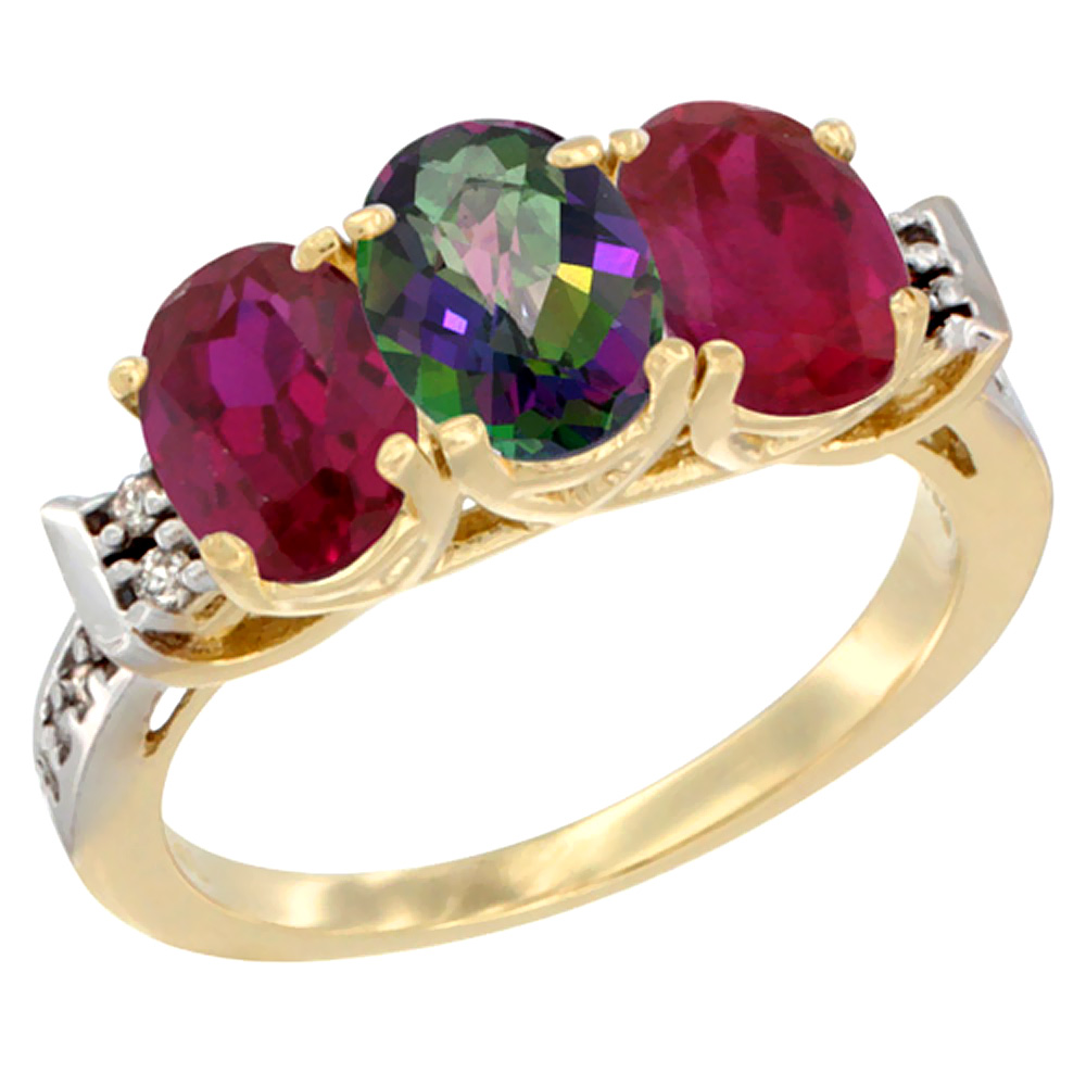 10K Yellow Gold Natural Mystic Topaz & Enhanced Ruby Sides Ring 3-Stone Oval 7x5 mm Diamond Accent, sizes 5 - 10