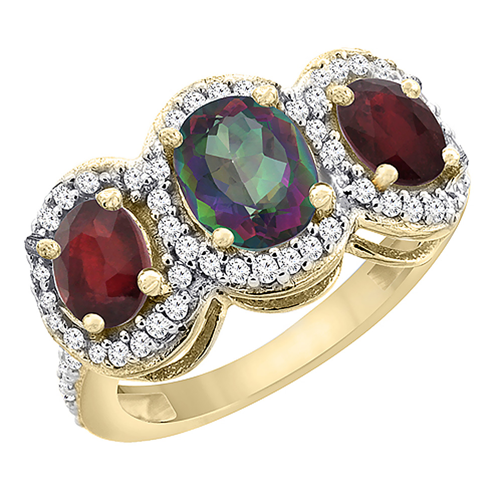 14K Yellow Gold Natural Mystic Topaz &amp; Enhanced Ruby 3-Stone Ring Oval Diamond Accent, sizes 5 - 10