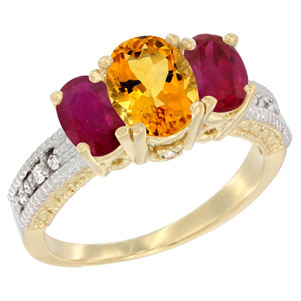 14K Yellow Gold Diamond Natural Citrine Ring Oval 3-stone with Enhanced Ruby, sizes 5 - 10