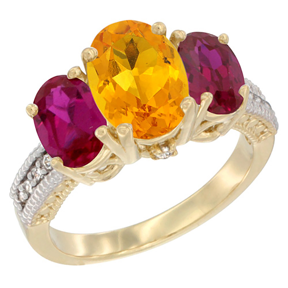10K Yellow Gold Diamond Natural Citrine Ring 3-Stone Oval 8x6mm with Ruby, sizes5-10