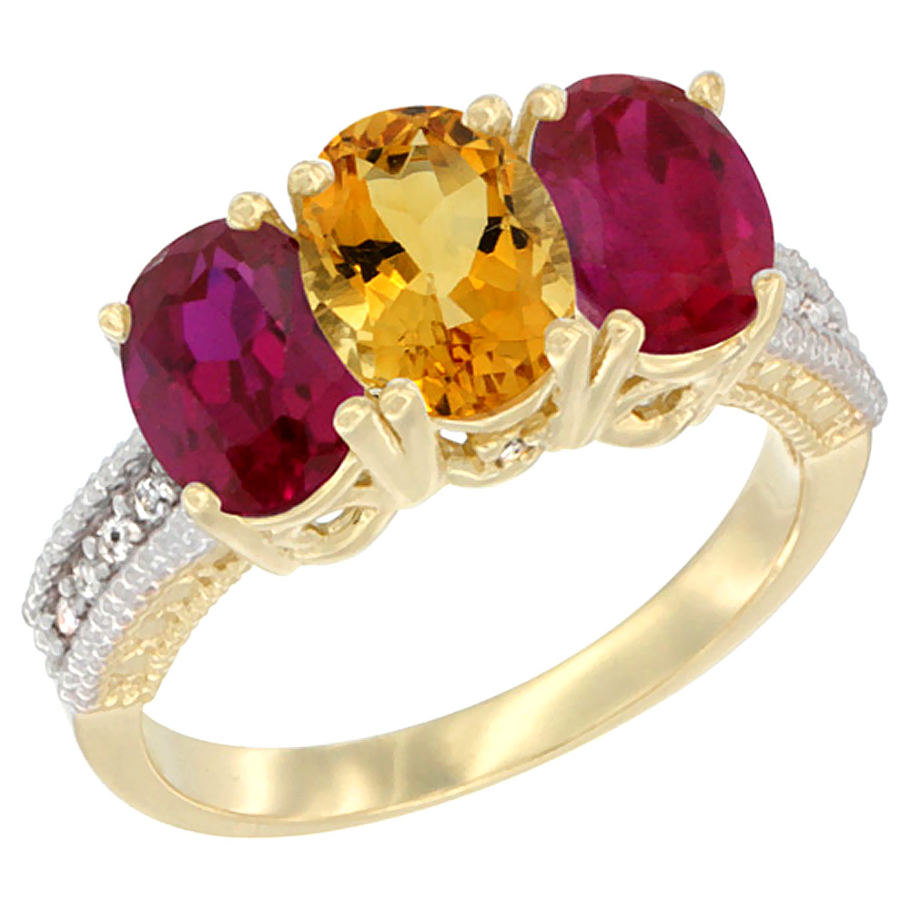 14K Yellow Gold Natural Citrine & Enhanced Ruby Sides Ring 3-Stone Oval 7x5 mm Diamond Accent, sizes 5 - 10