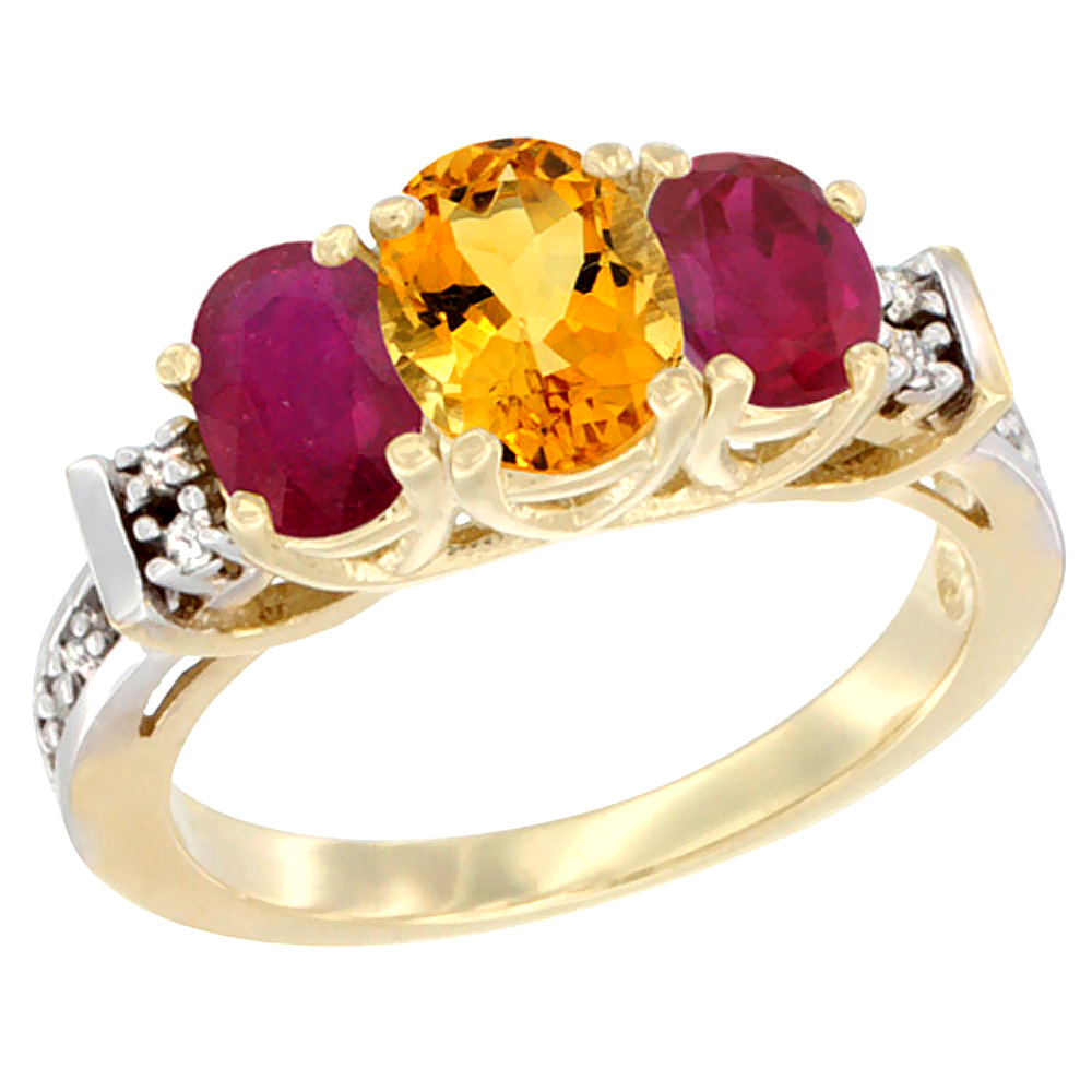 14K Yellow Gold Natural Citrine &amp; Enhanced Ruby Ring 3-Stone Oval Diamond Accent