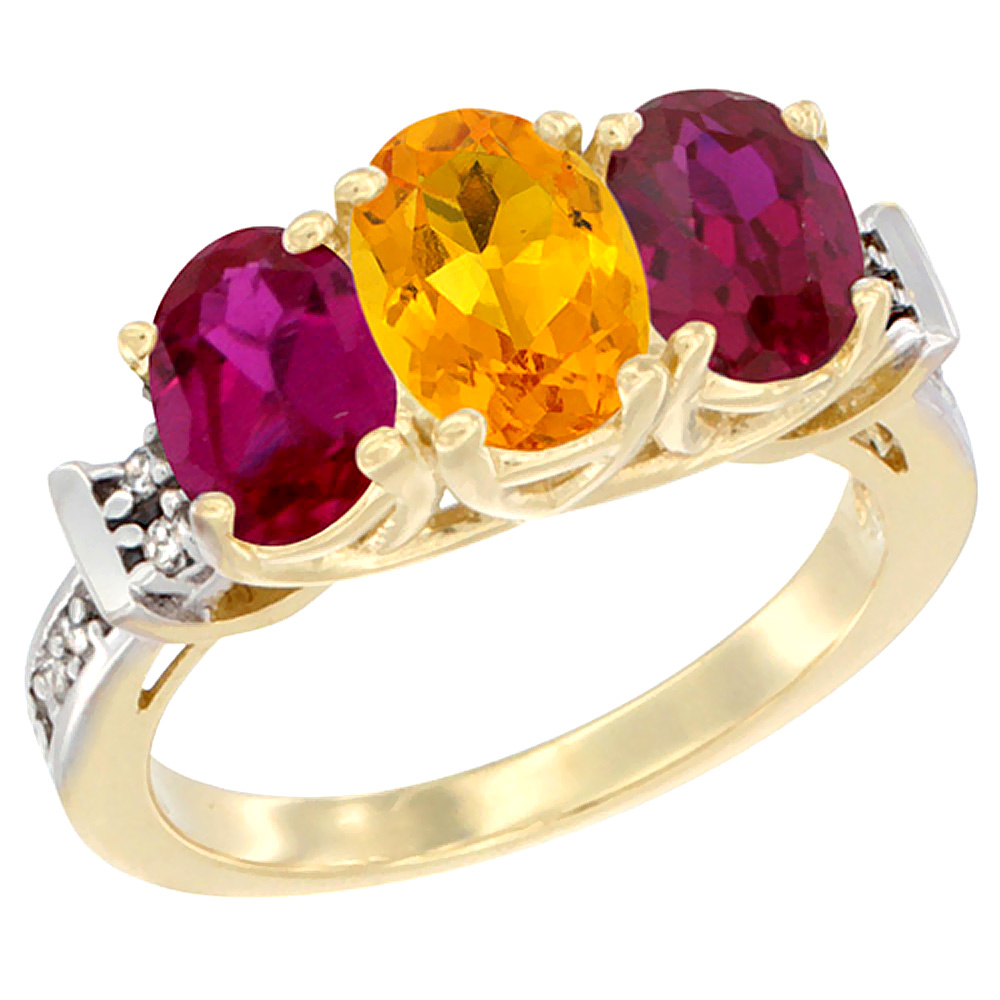 14K Yellow Gold Natural Citrine & Enhanced Ruby Sides Ring 3-Stone Oval Diamond Accent, sizes 5 - 10
