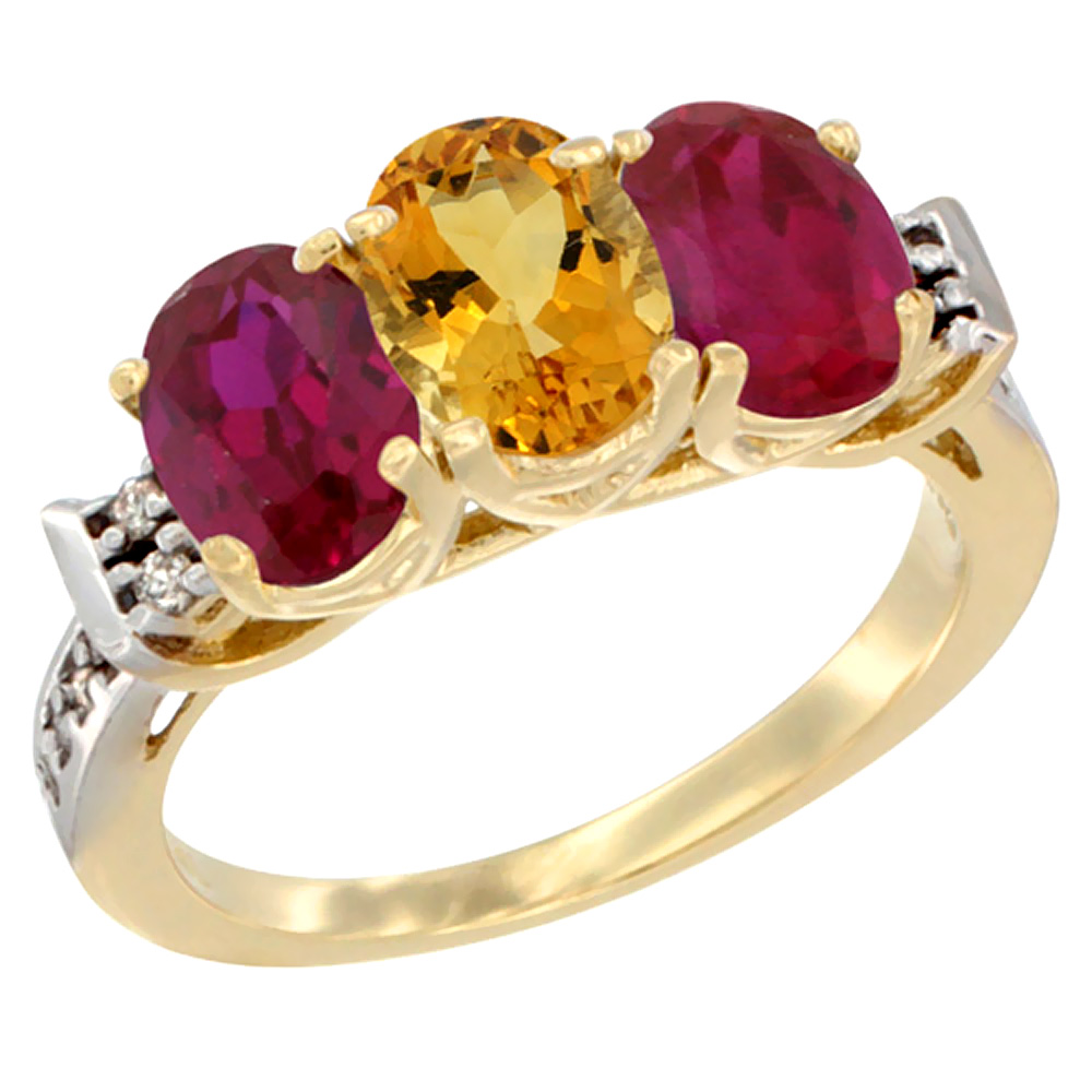 10K Yellow Gold Natural Citrine &amp; Enhanced Ruby Sides Ring 3-Stone Oval 7x5 mm Diamond Accent, sizes 5 - 10