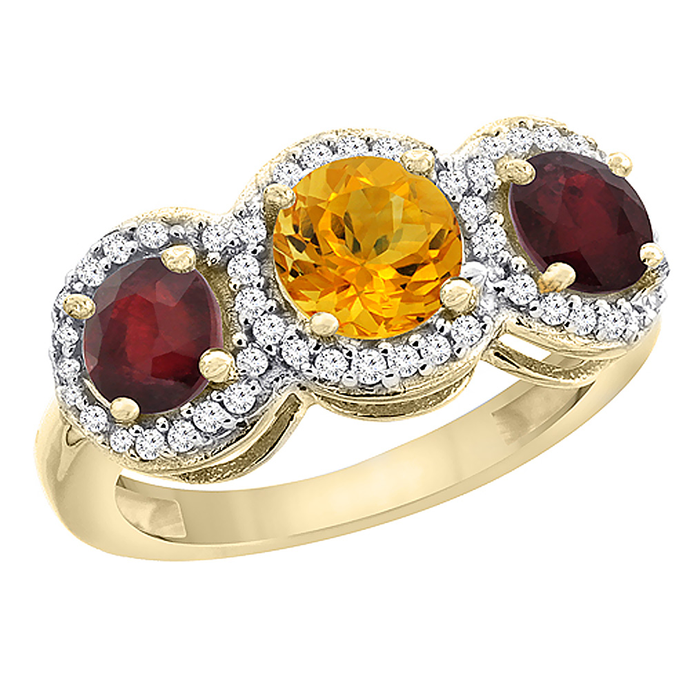 10K Yellow Gold Natural Citrine & Enhanced Ruby Sides Round 3-stone Ring Diamond Accents, sizes 5 - 10