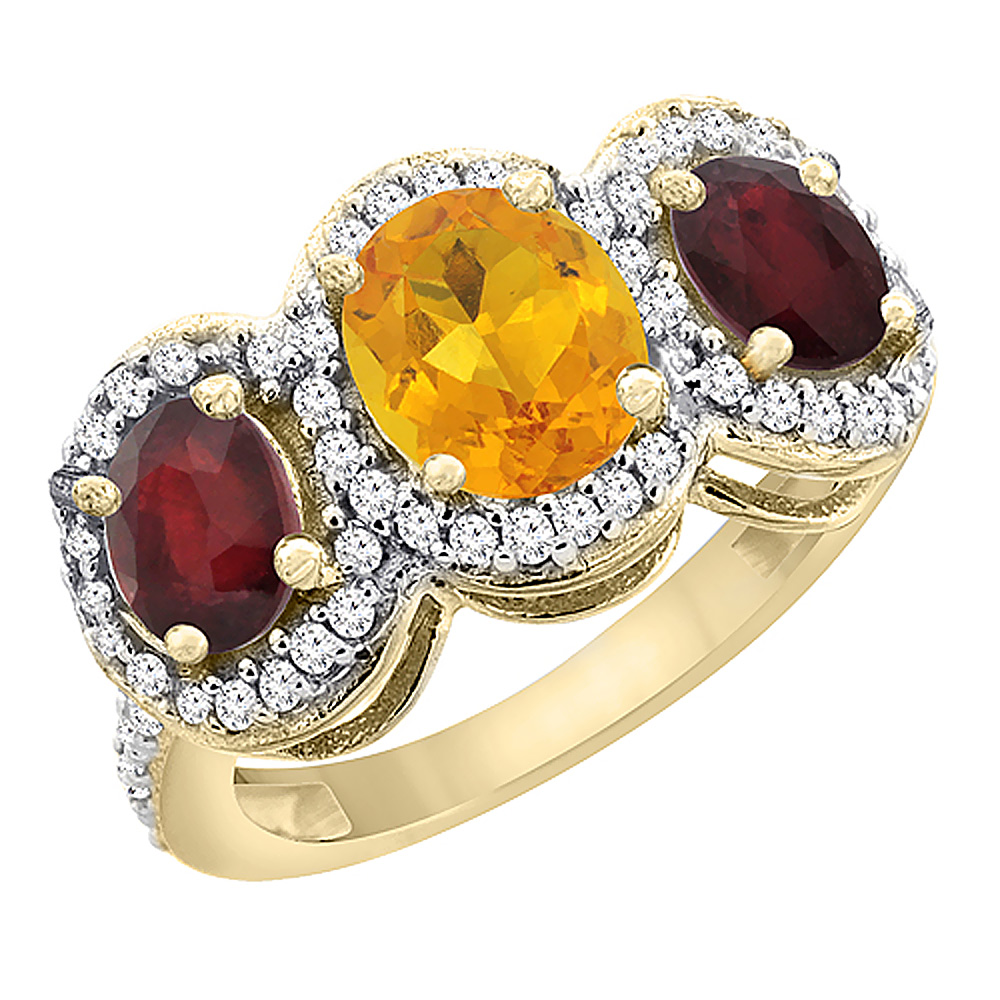 14K Yellow Gold Natural Citrine & Enhanced Ruby 3-Stone Ring Oval Diamond Accent, sizes 5 - 10