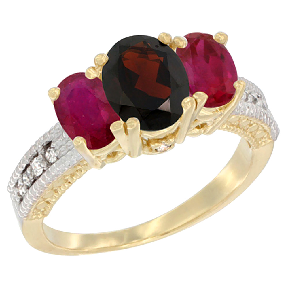 14K Yellow Gold Diamond Natural Garnet Ring Oval 3-stone with Enhanced Ruby, sizes 5 - 10