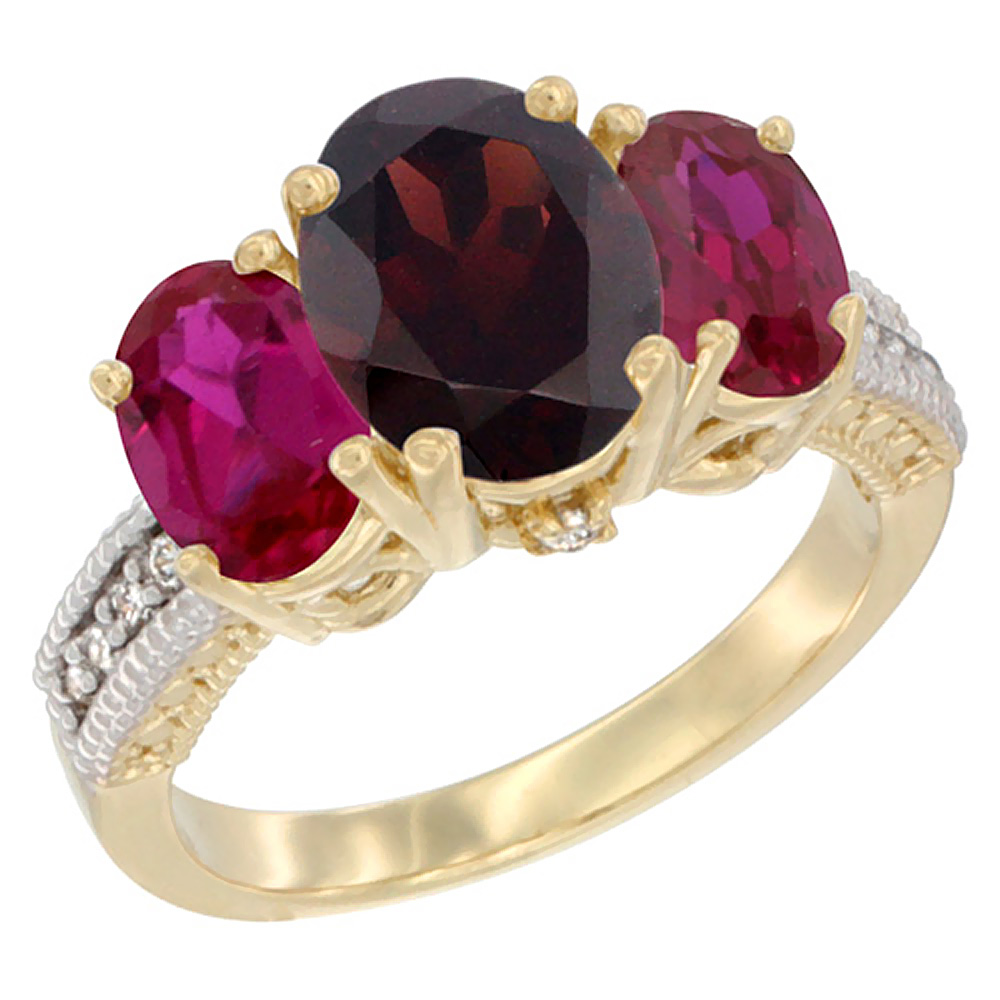 14K Yellow Gold Diamond Natural Garnet Ring 3-Stone Oval 8x6mm with Ruby, sizes5-10