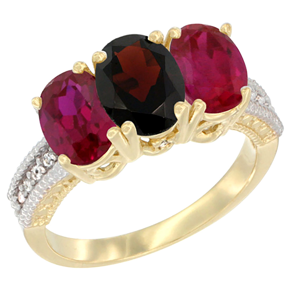 14K Yellow Gold Natural Garnet & Enhanced Ruby Sides Ring 3-Stone Oval 7x5 mm Diamond Accent, sizes 5 - 10