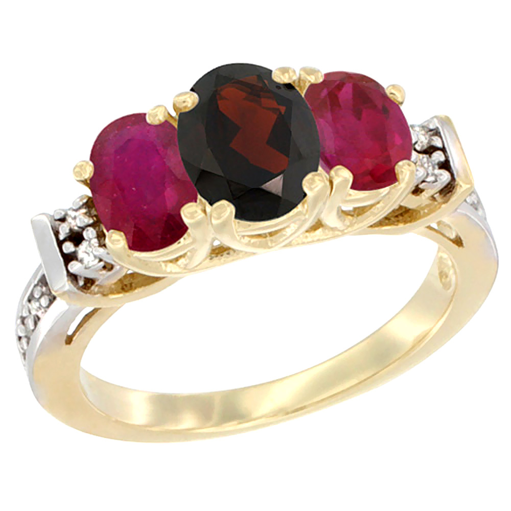 14K Yellow Gold Natural Garnet &amp; Enhanced Ruby Ring 3-Stone Oval Diamond Accent