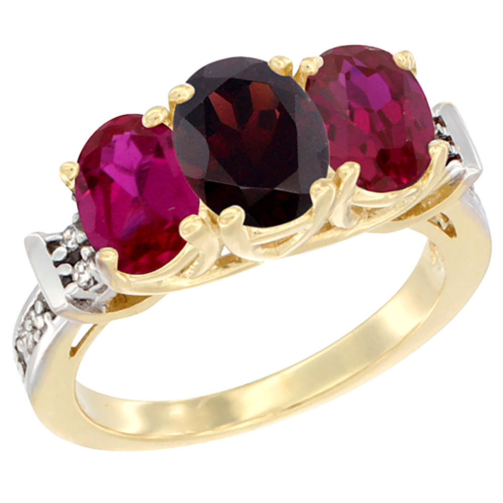 14K Yellow Gold Natural Garnet & Enhanced Ruby Sides Ring 3-Stone Oval Diamond Accent, sizes 5 - 10