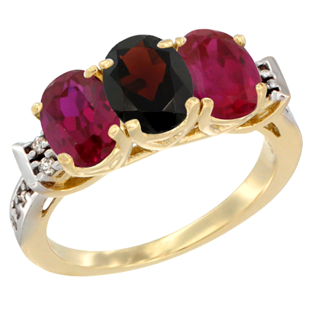 10K Yellow Gold Natural Garnet & Enhanced Ruby Sides Ring 3-Stone Oval 7x5 mm Diamond Accent, sizes 5 - 10