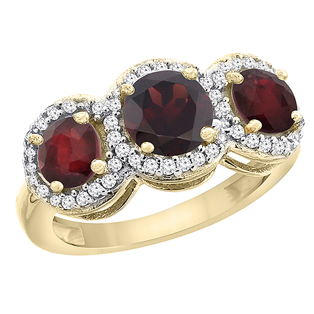 14K Yellow Gold Natural Garnet &amp; Enhanced Ruby Sides Round 3-stone Ring Diamond Accents, sizes 5 - 10