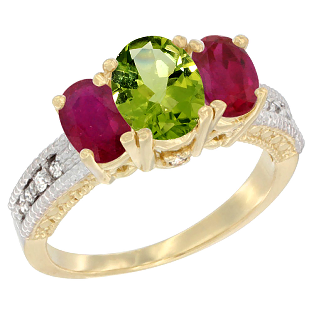 10K Yellow Gold Diamond Natural Peridot Ring Oval 3-stone with Enhanced Ruby, sizes 5 - 10