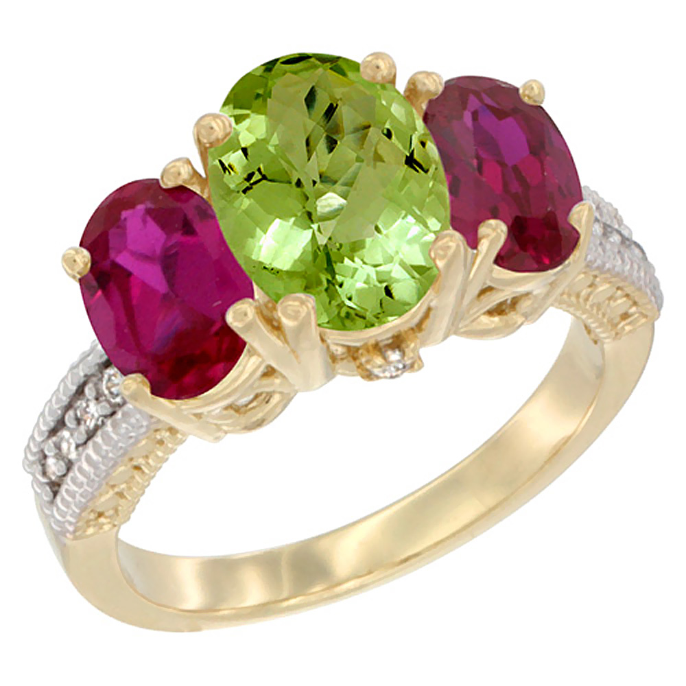 10K Yellow Gold Diamond Natural Peridot Ring 3-Stone Oval 8x6mm with Ruby, sizes5-10