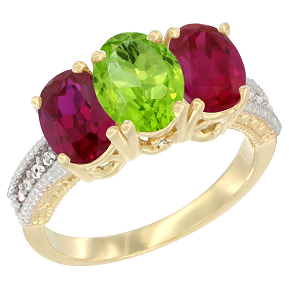 14K Yellow Gold Natural Peridot &amp; Enhanced Ruby Sides Ring 3-Stone Oval 7x5 mm Diamond Accent, sizes 5 - 10